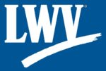 League of Women Voters white LWV logo with blue background.